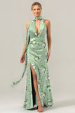 Sage White Flower Sheath Halter Long Prom Dress with Slit