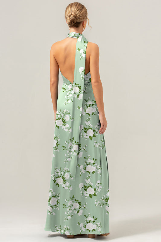 Sage White Flower Sheath Halter Long Prom Dress with Slit