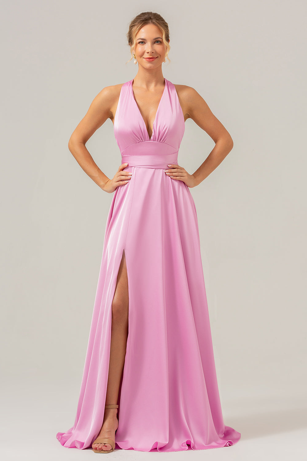 Zapakasa Women Pink Bridesmaid Dress with Slit V-Neck Backless A Line Wedding Party Dress Zapakasa Women Pink Bridesmaid Dress with Slit V-Neck Backless A Line Wedding Party Dress