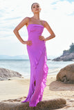 Tahiti Spaghetti Straps Chiffon Ruffled Long Bridesmaid Dress with Slit