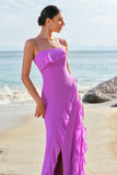 Tahiti Spaghetti Straps Chiffon Ruffled Long Bridesmaid Dress with Slit