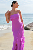 Tahiti Spaghetti Straps Chiffon Ruffled Long Bridesmaid Dress with Slit