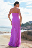 Tahiti Spaghetti Straps Chiffon Ruffled Long Bridesmaid Dress with Slit
