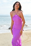 Tahiti Mermaid Halter Chiffon Long Bridesmaid Dress with Ruffles