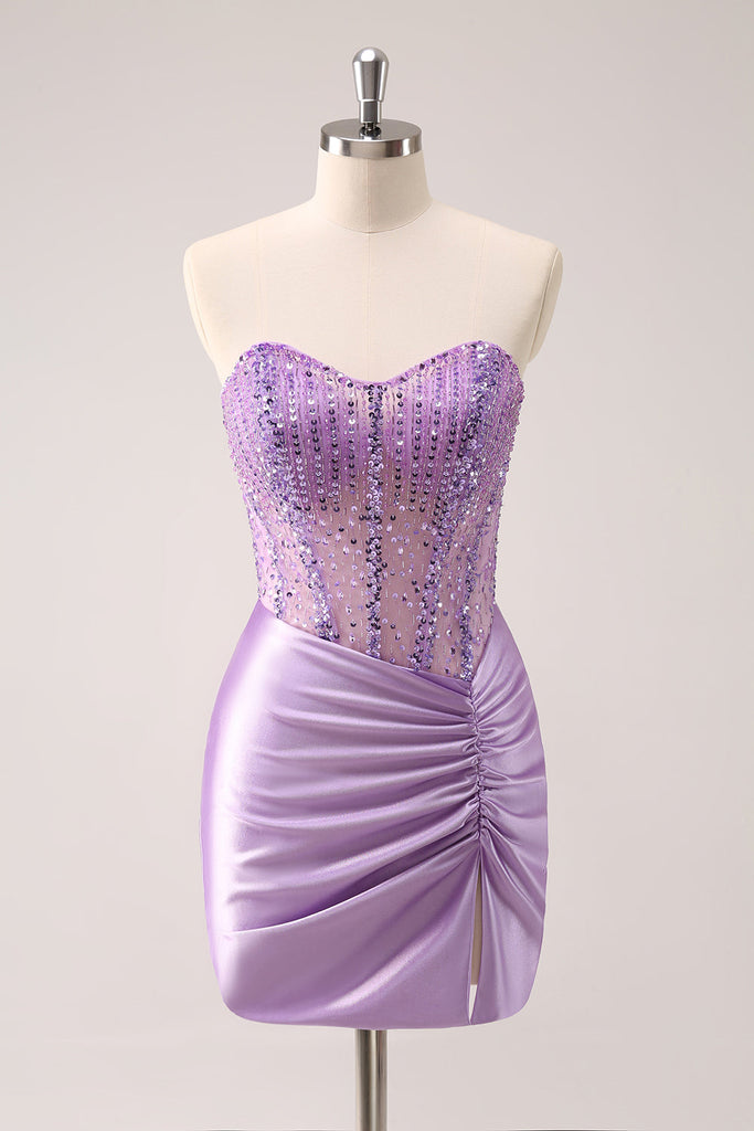 Sparkly Lilac A-Line Spaghetti Straps Sequins Corset Homecoming Dress