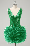 Glitter Dark Green Tight Sequins Homecoming Dress with Detachable Ruffles