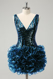 Glitter Dark Green Tight Sequins Homecoming Dress with Detachable Ruffles