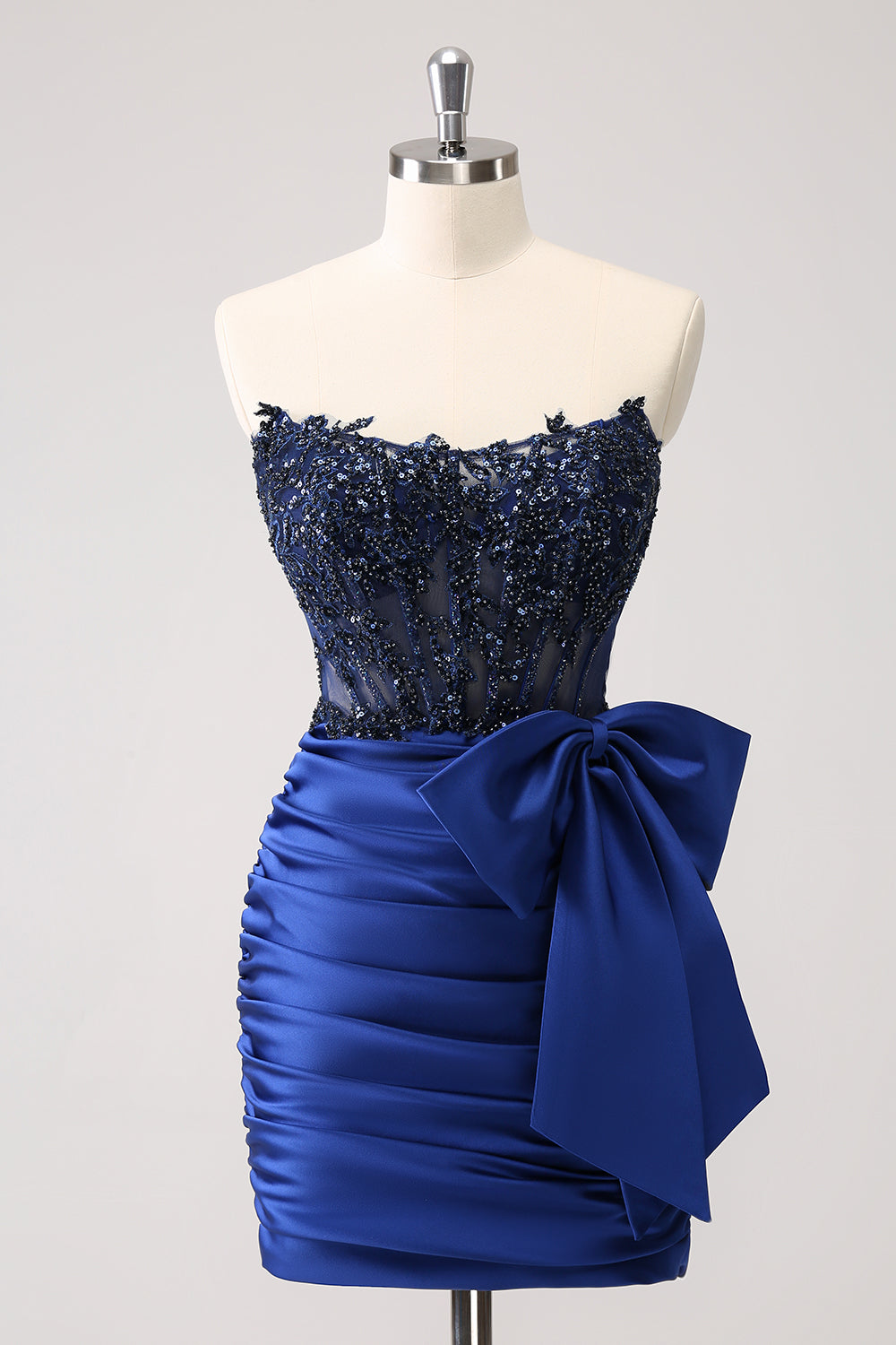 Sparkly Navy Strapless Beaded Tight Short Homecoming Dress with Lace