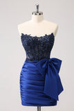 Sparkly Navy Strapless Beaded Tight Short Homecoming Dress with Lace