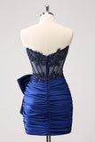 Sparkly Navy Strapless Beaded Tight Short Homecoming Dress with Lace
