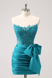 Sparkly Navy Strapless Beaded Tight Short Homecoming Dress with Lace