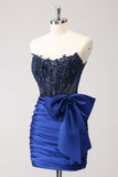 Sparkly Navy Strapless Beaded Tight Short Homecoming Dress with Lace