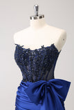 Sparkly Navy Strapless Beaded Tight Short Homecoming Dress with Lace