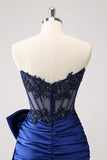 Sparkly Navy Strapless Beaded Tight Short Homecoming Dress with Lace
