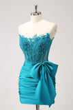 Sparkly Navy Strapless Beaded Tight Short Homecoming Dress with Lace