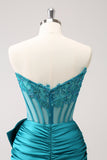 Sparkly Navy Strapless Beaded Tight Short Homecoming Dress with Lace