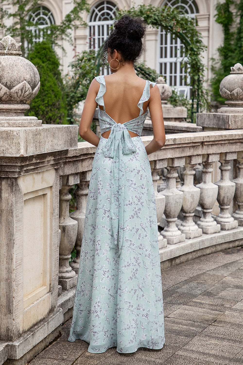 light green floral bridesmaid dress Leely Women Sage Green Flowy Ruffled Floral Bridesmaid Dress with Slit Wedding Guest Dress with Lace Up Back