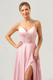 Pink Corset Satin Lace Long Bridesmaid Dress with Slit