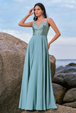 Grey Green Spaghetti Straps Backless Long Bridesmaid Dress With Slit