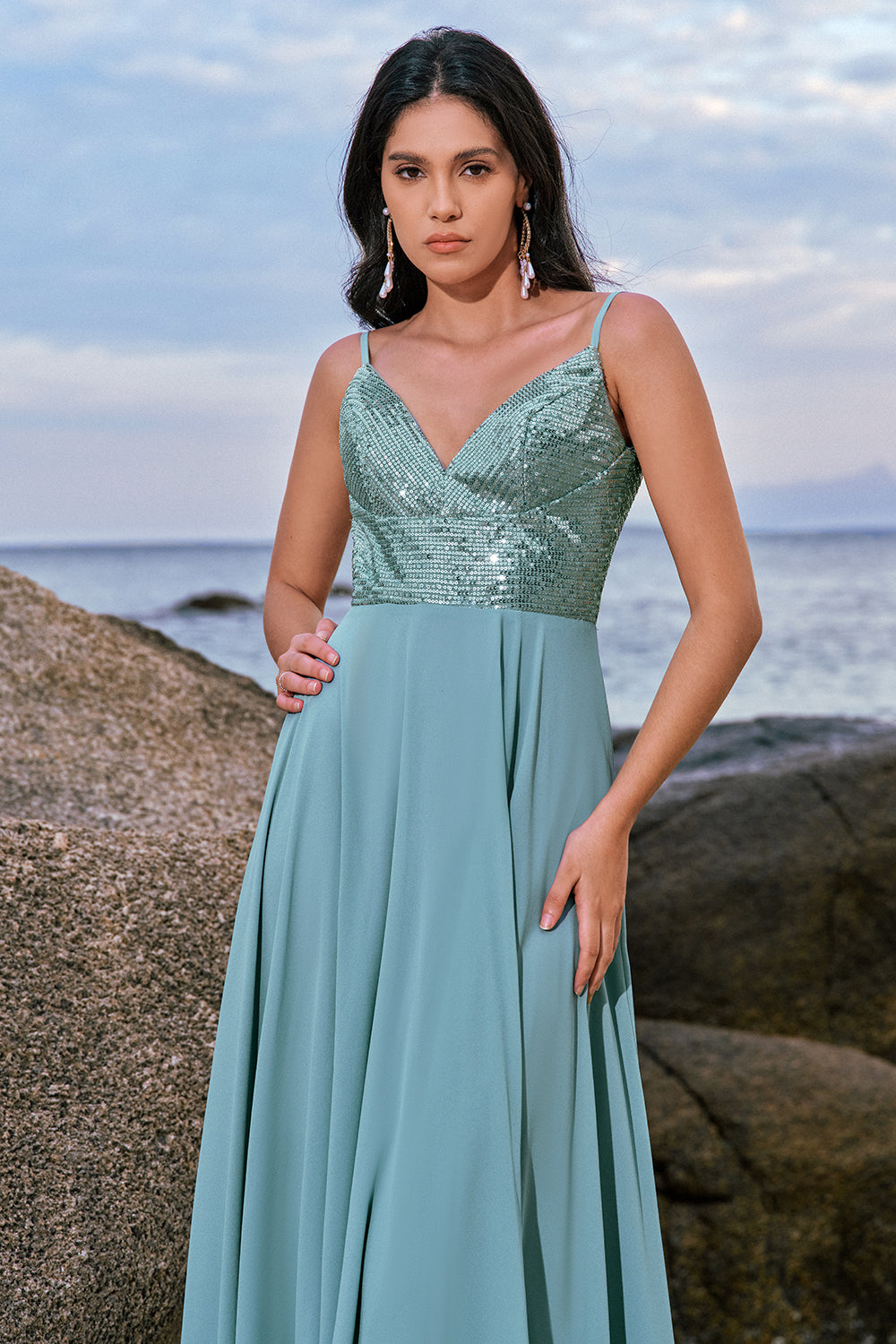 Grey Green Spaghetti Straps Backless Long Bridesmaid Dress With Slit