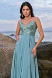 Grey Green Spaghetti Straps Backless Long Bridesmaid Dress With Slit