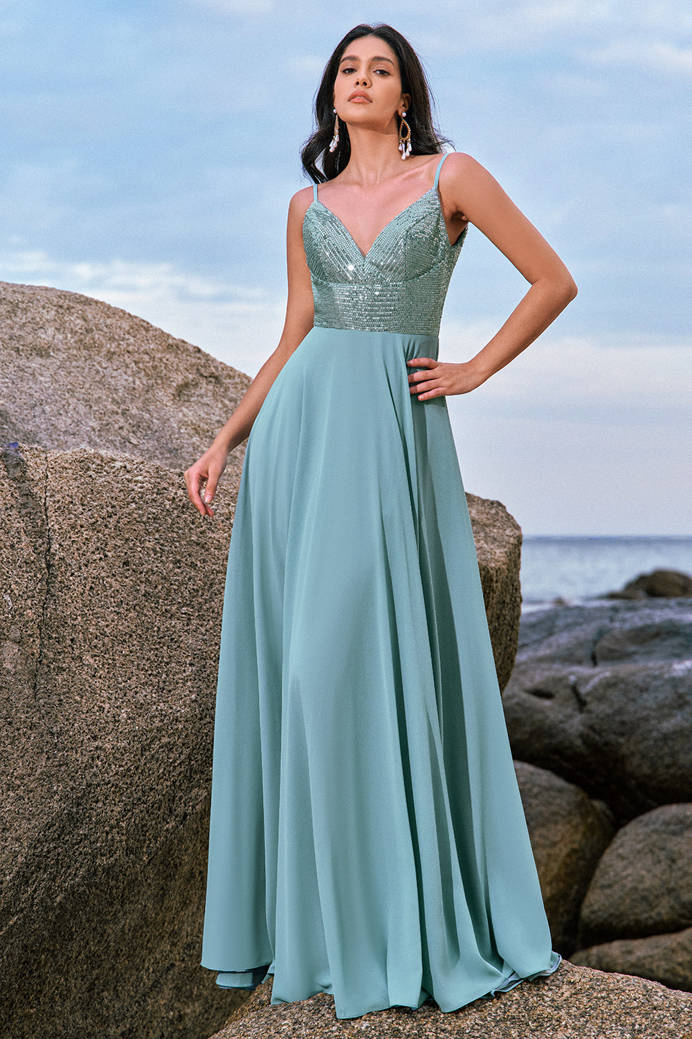 Grey Green Spaghetti Straps Backless Long Bridesmaid Dress With Slit