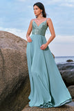 Grey Green Spaghetti Straps Backless Long Bridesmaid Dress With Slit