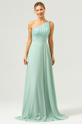 Sparkly Green One Shoulder A-Line Long Bridesmaid Dress