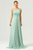Sparkly Green One Shoulder A-Line Long Bridesmaid Dress