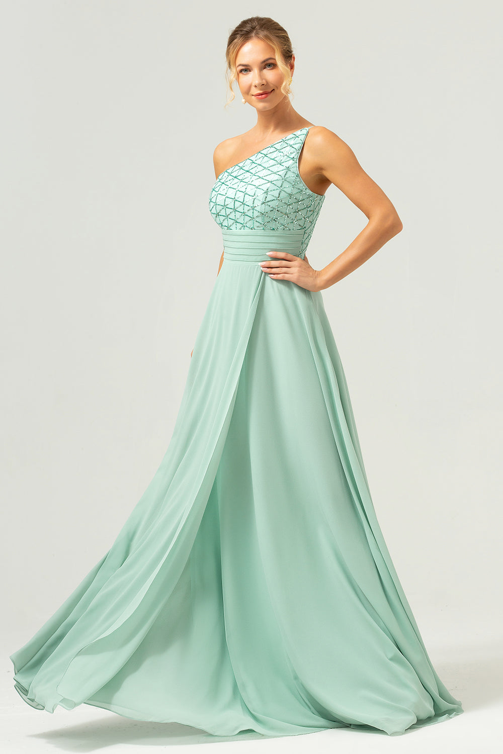 Sparkly Green One Shoulder A-Line Long Bridesmaid Dress
