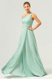 Sparkly Green One Shoulder A-Line Long Bridesmaid Dress