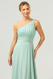 Sparkly Green One Shoulder A-Line Long Bridesmaid Dress