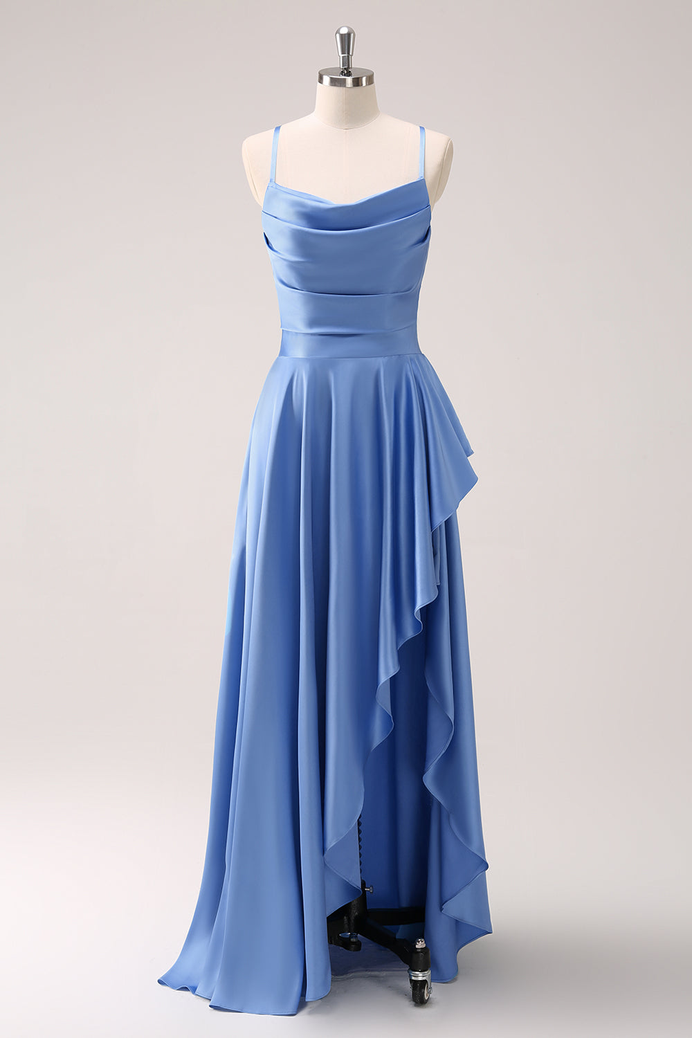 ZAPAKASA Women Blue Cowl Neck Spaghetti Straps Asymmetrical Long