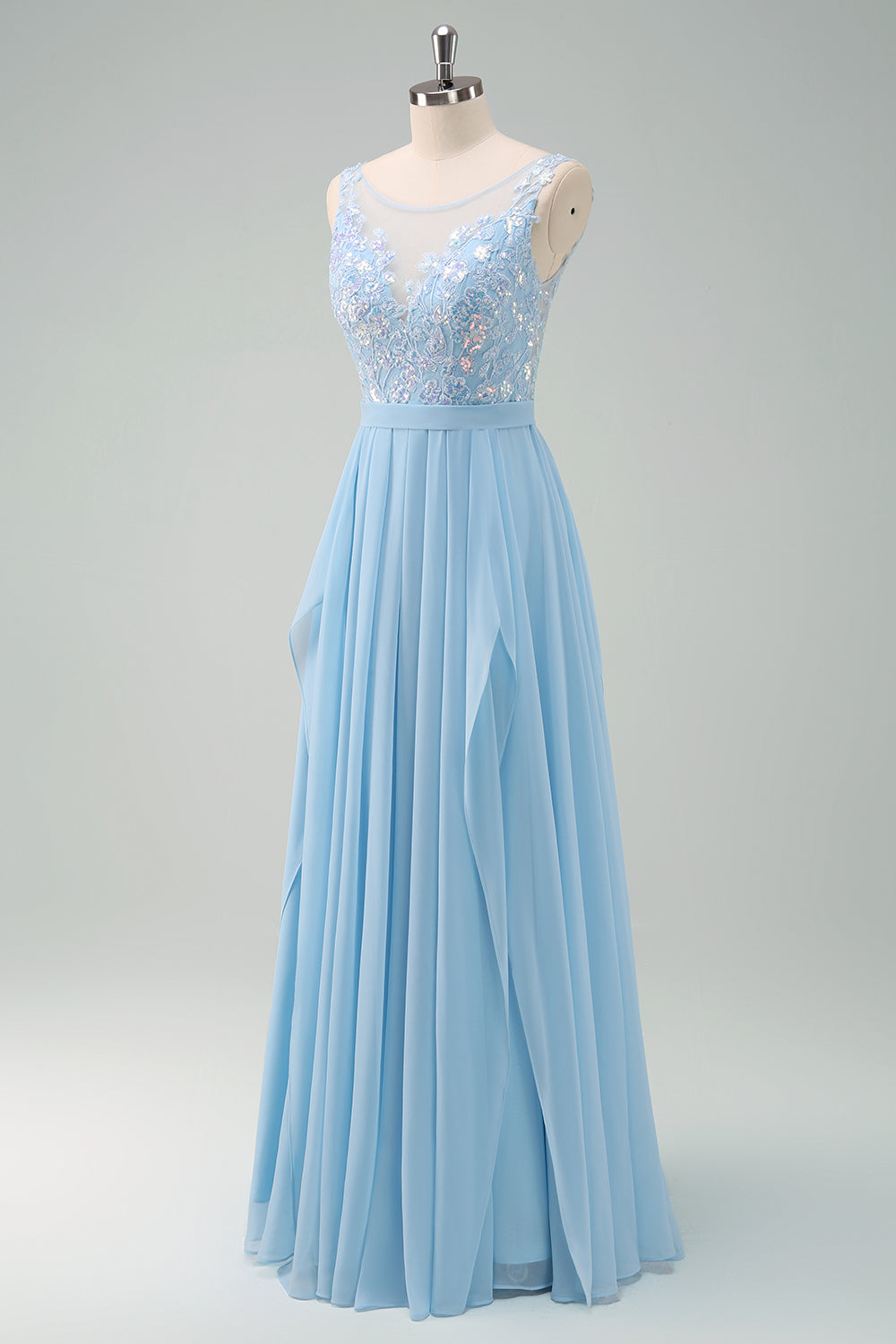 Sky Blue Sequined Chiffon Floral Bridesmaid Dress with Lace