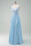 Sky Blue Sequined Chiffon Floral Bridesmaid Dress with Lace
