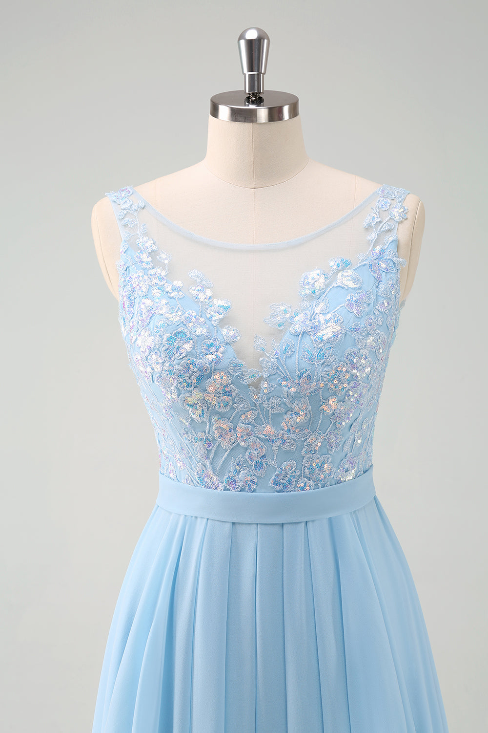 Sky Blue Sequined Chiffon Floral Bridesmaid Dress with Lace
