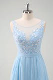 Sky Blue Sequined Chiffon Floral Bridesmaid Dress with Lace
