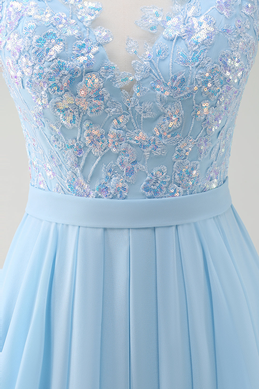 Sky Blue Sequined Chiffon Floral Bridesmaid Dress with Lace