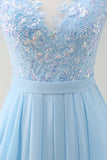 Sky Blue Sequined Chiffon Floral Bridesmaid Dress with Lace