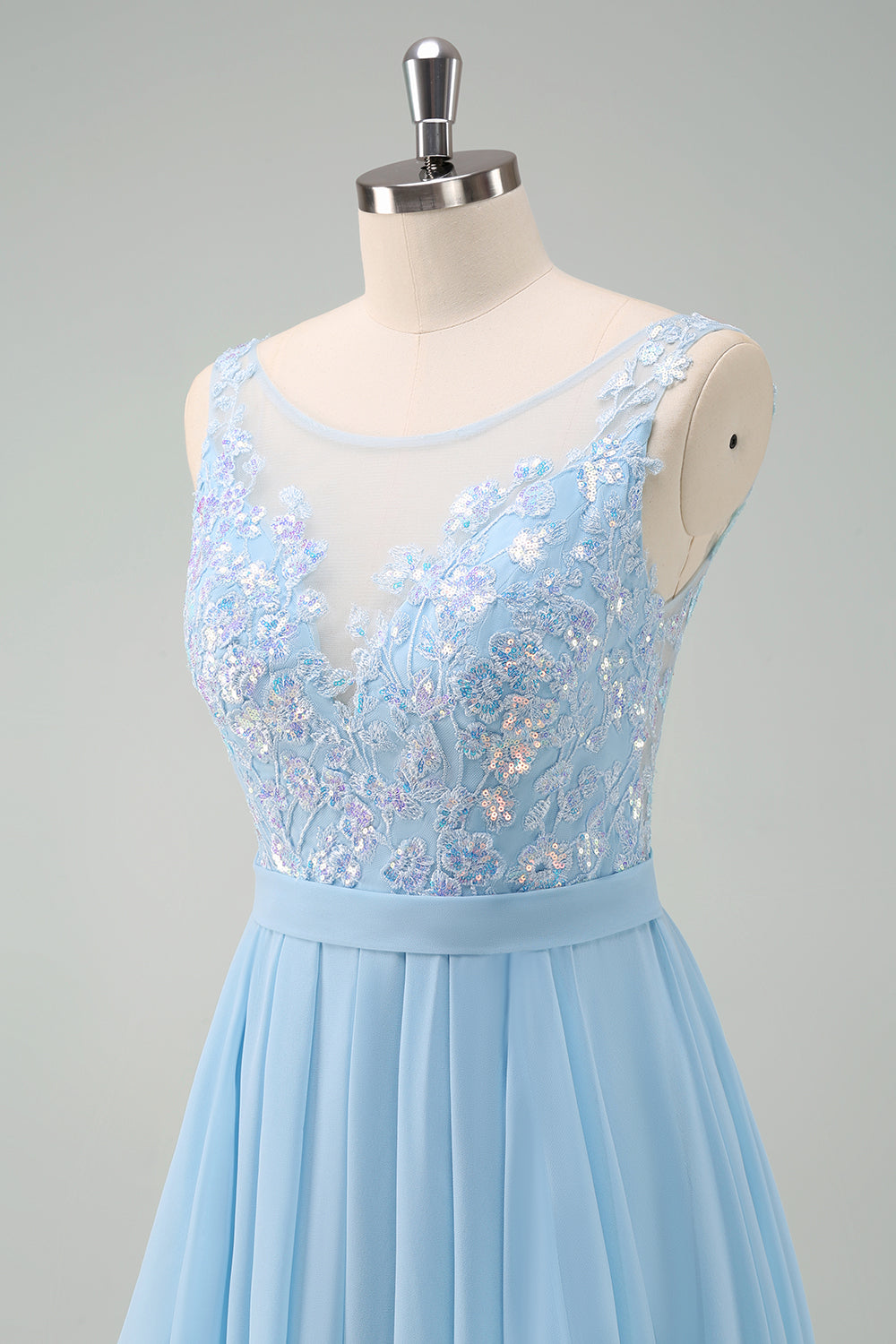 Sky Blue Sequined Chiffon Floral Bridesmaid Dress with Lace