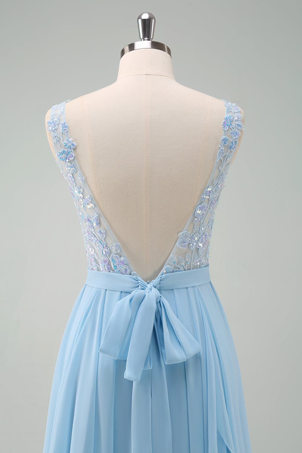 Sky Blue Sequined Chiffon Floral Bridesmaid Dress with Lace