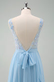 Sky Blue Sequined Chiffon Floral Bridesmaid Dress with Lace