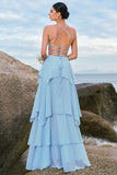 Sparkly Blue Halter Floral Long Bridesmaid Dress with Lace Up Back