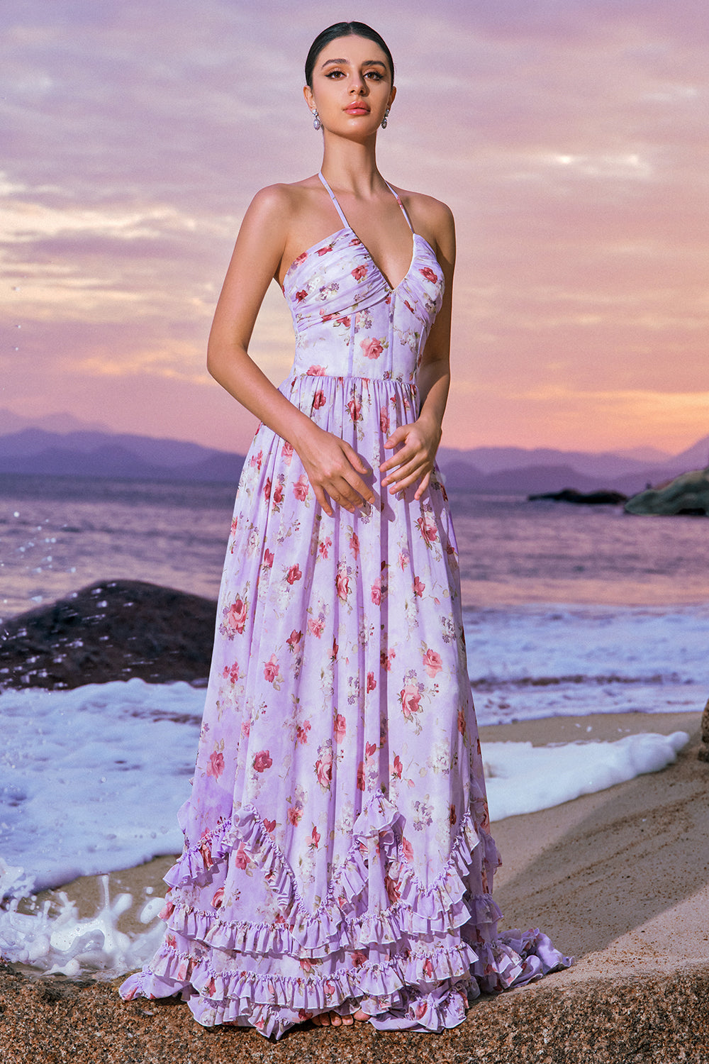 Grey Purple Floral A Line Corset Halter Bridesmaid Dress with Slit