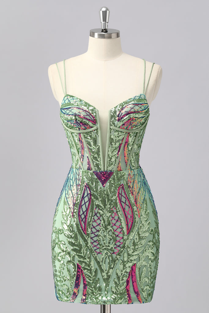Sparkly Blue Bodycon Spaghetti Straps Corset Homecoming Dress with Sequins
