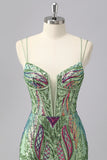 Sparkly Blue Bodycon Spaghetti Straps Corset Homecoming Dress with Sequins