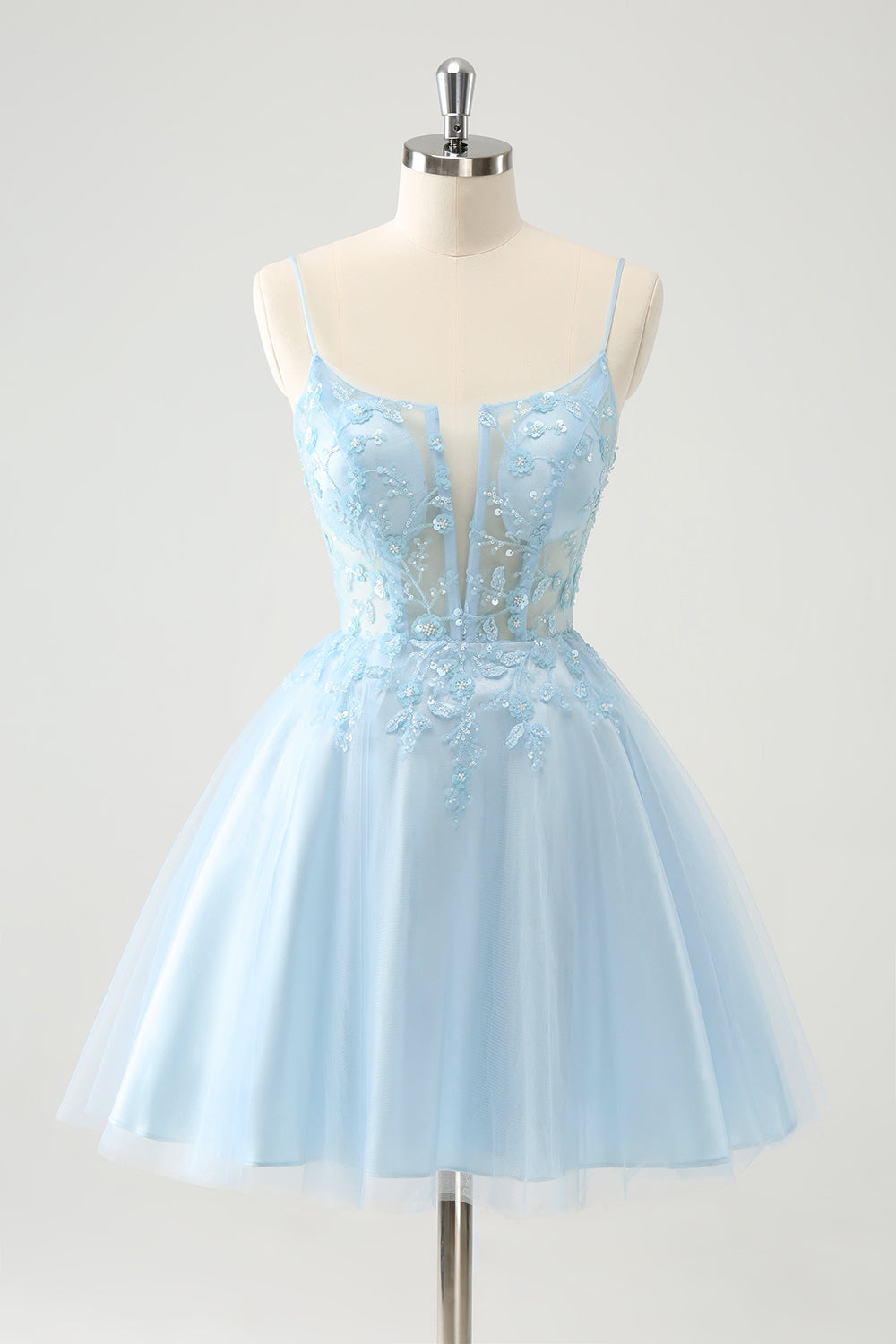 Cute Glitter Blue A Line Beaded Corset Short Homecoming Dress with Appliques
