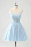 Cute Glitter Blue A Line Beaded Corset Short Homecoming Dress with Appliques