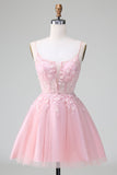 Cute Glitter Blue A Line Beaded Corset Short Homecoming Dress with Appliques