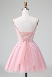 Cute Glitter Blue A Line Beaded Corset Short Homecoming Dress with Appliques